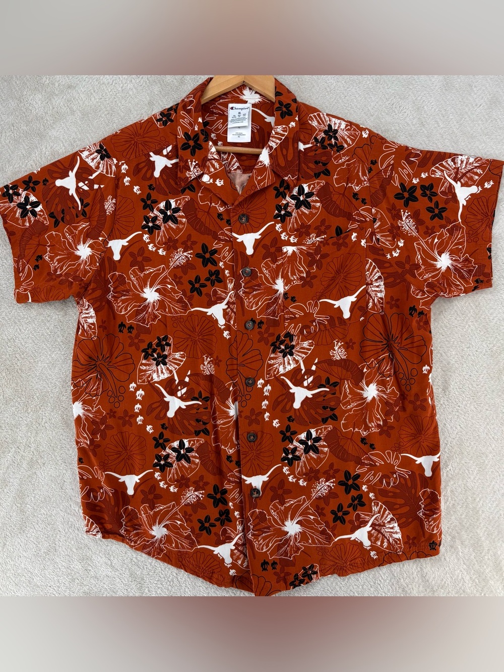 Champion Texas Longhorns Hawaiian Camp Shirt XL Burnt Orange Tropical Button